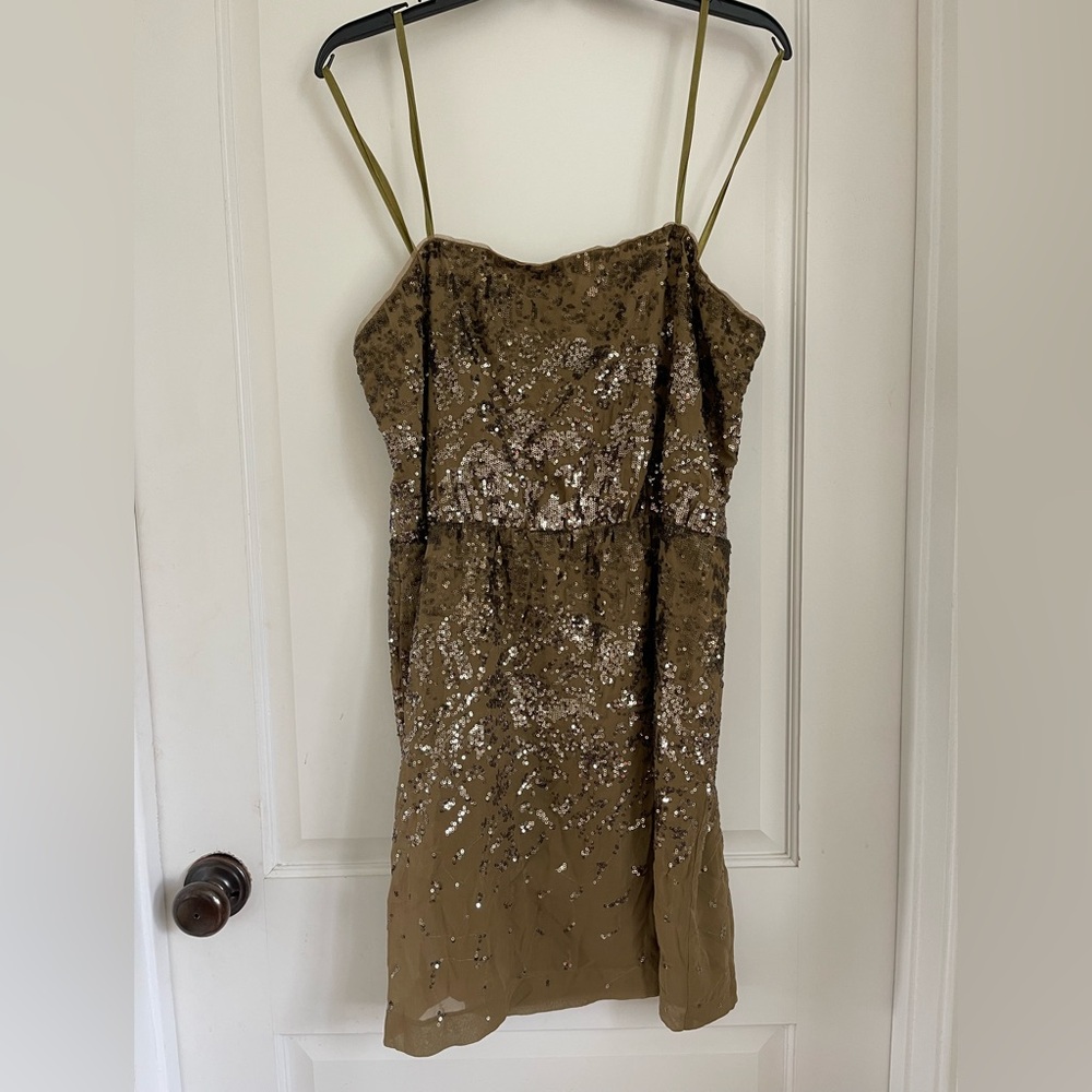 BCBG Maxazria size large olive green sequence cocktail dress.